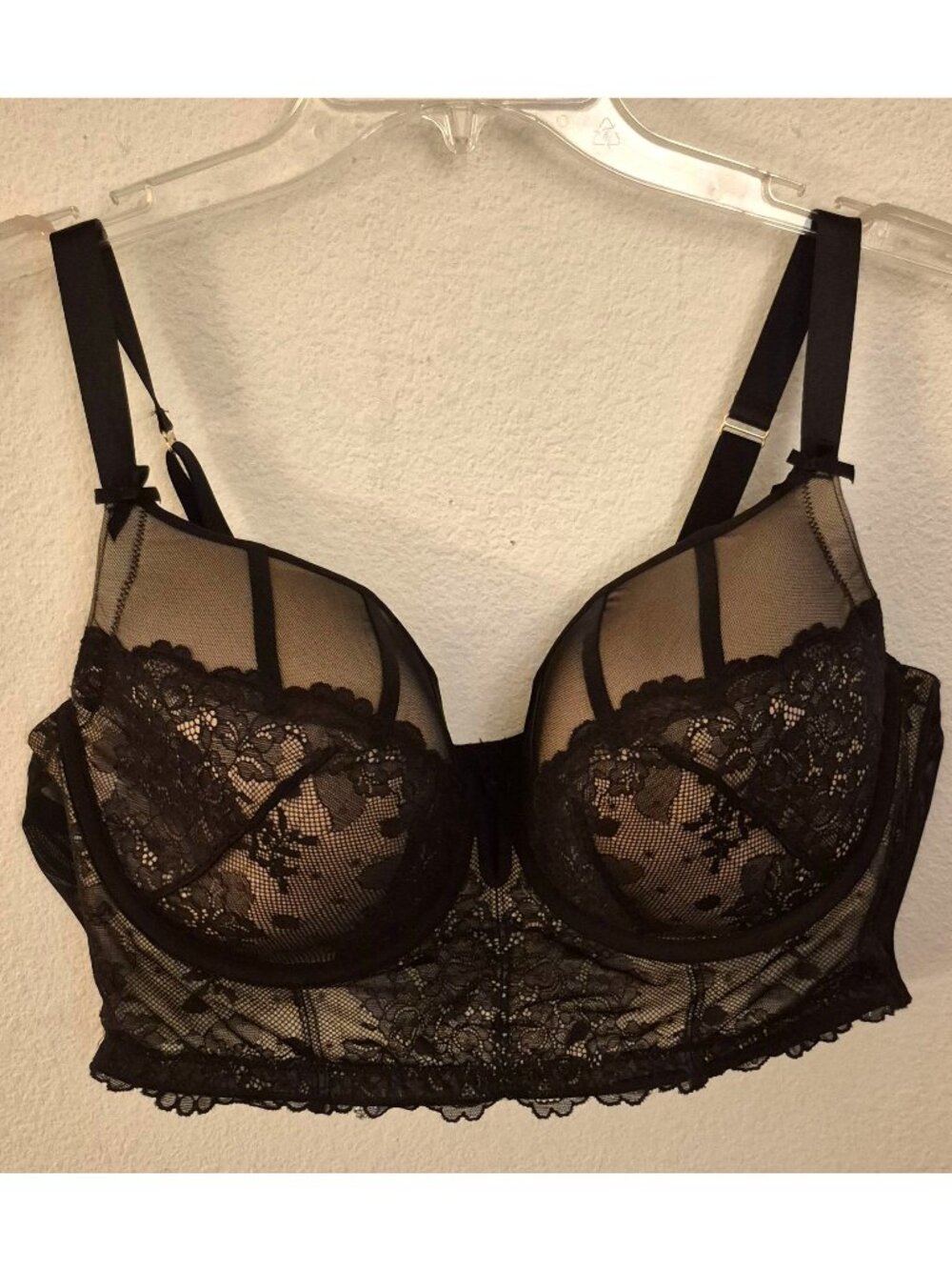 Cacique Lane Bryant Black Lace Lightly Lined Balconette Longline Bra 44D EUC